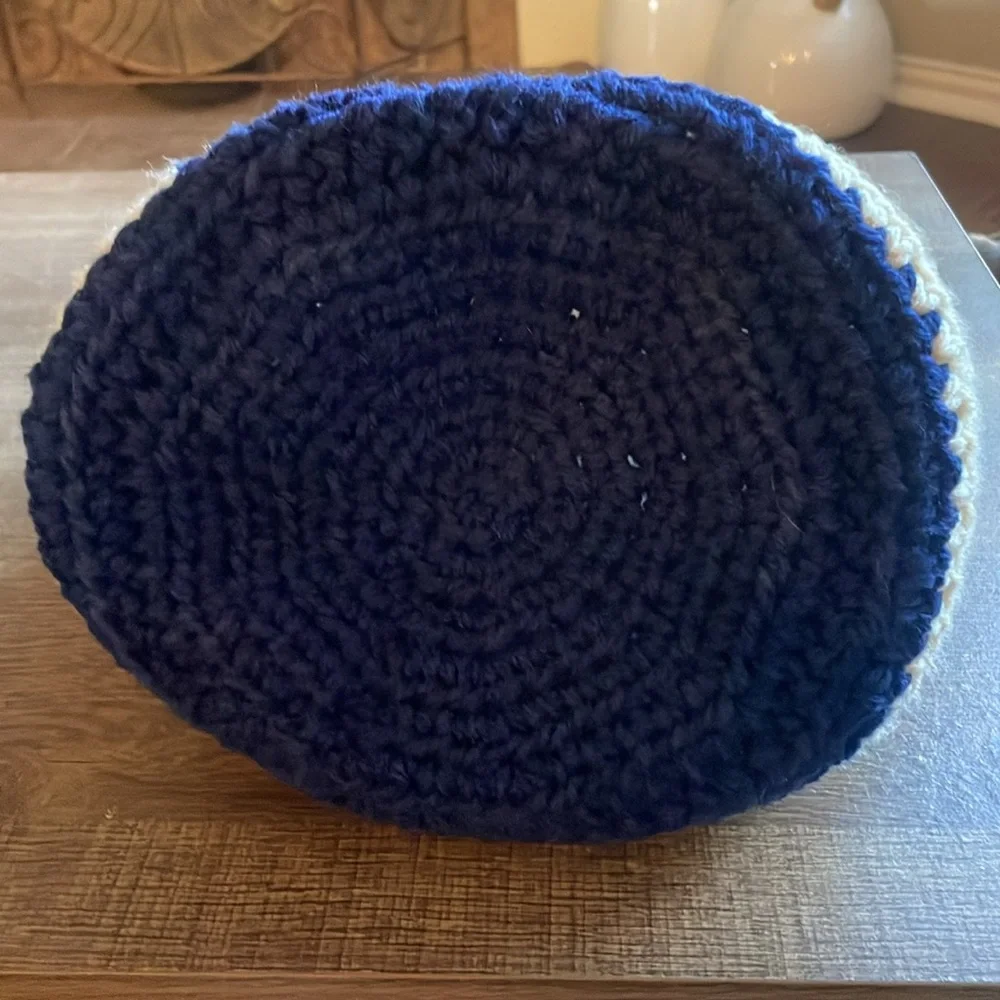 Crochet Handle Basket Navy Cream Block Stripe Handmade Handcrafted Yarn BIG NEW
